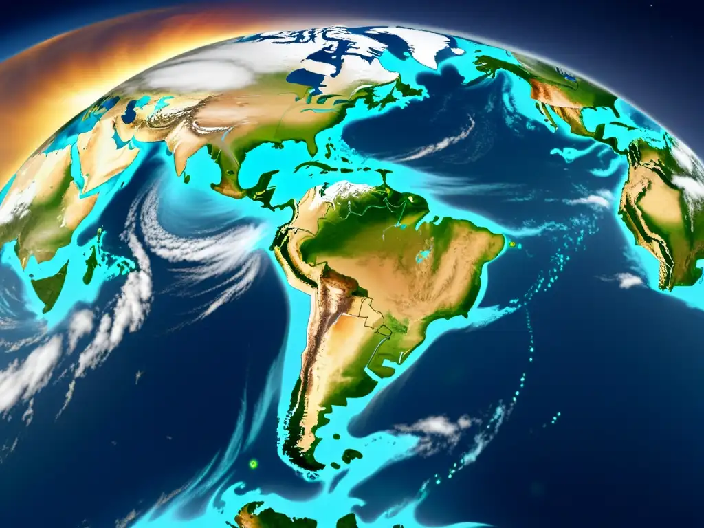 Imagen detallada de patrones climáticos globales, con sistemas de tormentas, formaciones de nubes y variaciones de temperatura