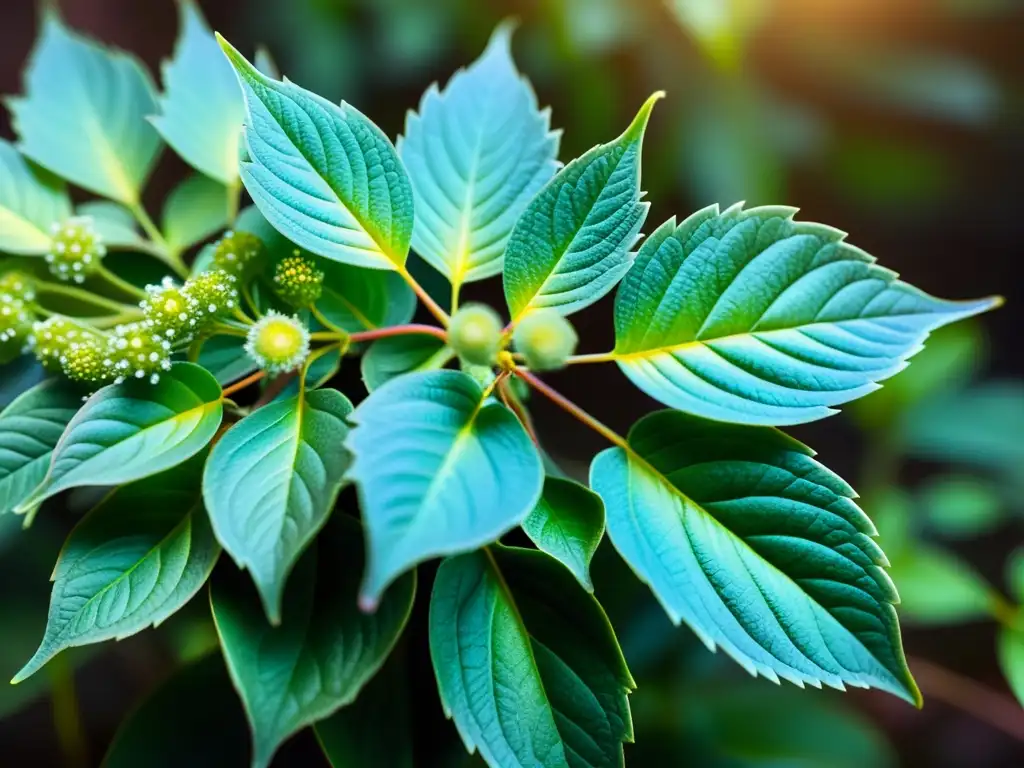 Planta mística con hojas iridiscentes y flores brillantes Imagen detallada de planta iridiscente con aura mística y flores brillantes