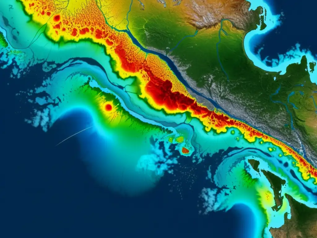 Redes tectónicas: colisión y separación de placas Imagen detallada de la red de límites de placas tectónicas con colores vibrantes, ilustrando fuerzas dinámicas
