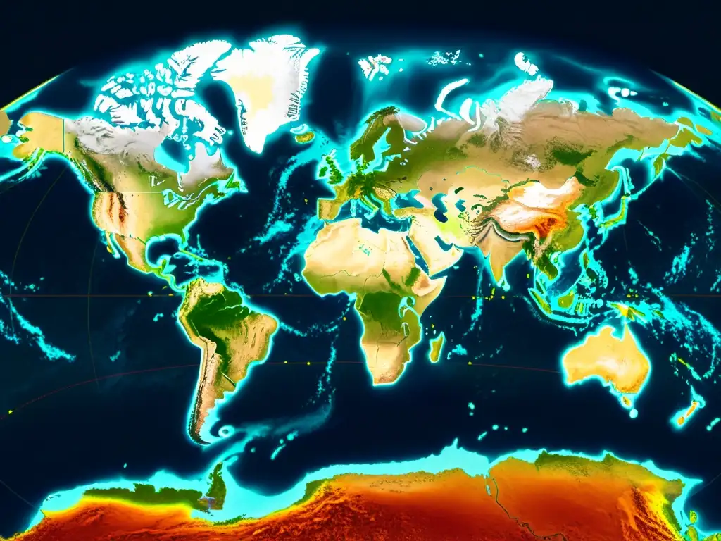 Mapa satelital de geotermia y volcanes Imagen detallada de la superficie terrestre, destaca la actividad volcánica y geotérmica