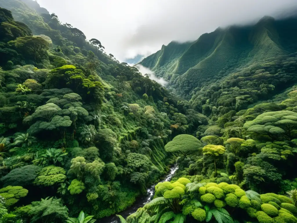 Esplendor verde: Bosque nuboso andino en detalle Imagen de un exuberante bosque nuboso en los Andes, mostrando su biodiversidad y belleza natural