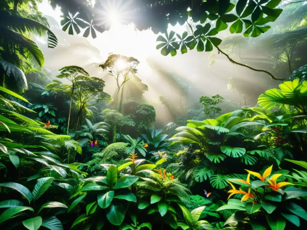 Selva exuberante: vida salvaje y exótica en detalle Imagen de un exuberante y vibrante bosque lluvioso, con una diversidad de flora y fauna