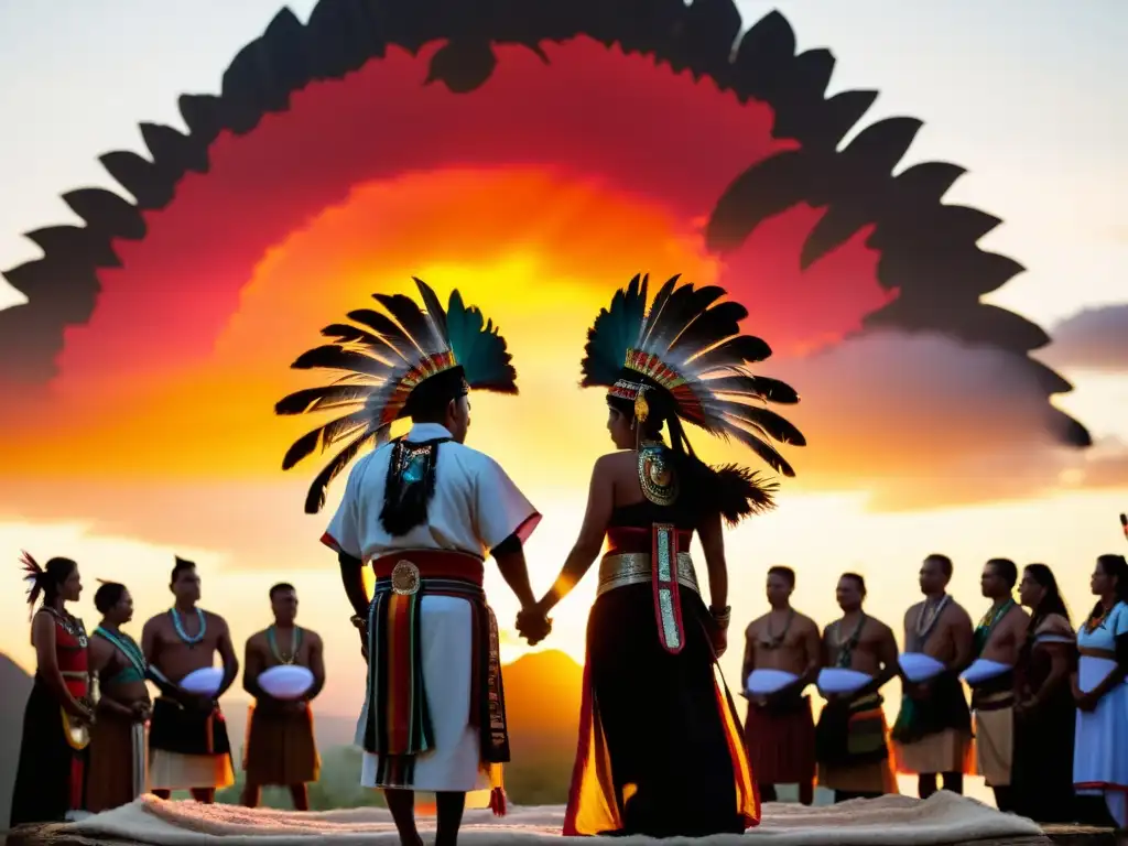 Ritual maya al amanecer: el renacimiento del fénix Imagen impactante de una ceremonia maya al amanecer, con un majestuoso fénix en el fondo