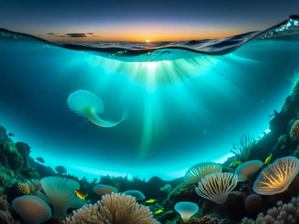 Esplendor bioluminiscente: vida marina en 8k Imagen impactante de ecosistemas marinos bioluminiscentes, resaltando la belleza y la importancia de su conservación