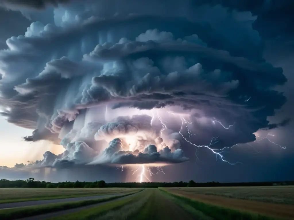 Imagen impactante de un gran supercélula tormentosa con nubes oscuras y ominosas, relámpagos iluminan la tormenta