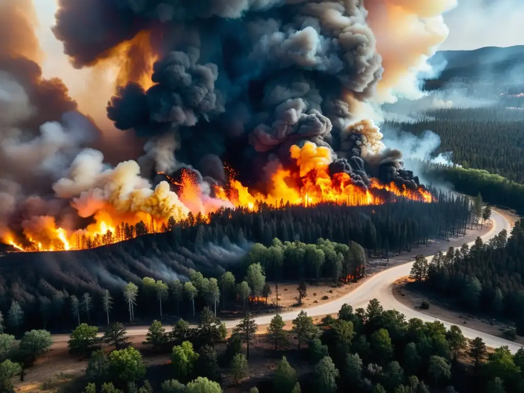 Incendio forestal masivo: impacto devastador y urgente acción Imagen impactante de incendio forestal masivo, con humo negro y llamas devorando árboles