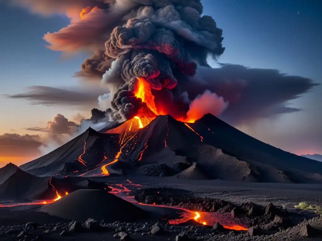 Imagen impactante de erupción volcánica con lava incandescente y nubes de ceniza