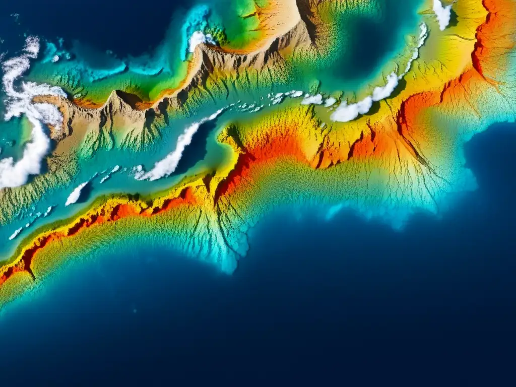 Profundidades oceánicas: fronteras tectónicas y actividad geológica intensa Imagen impactante de los límites de placas tectónicas en el fondo del océano, con colores vibrantes que resaltan la intensa actividad geológica