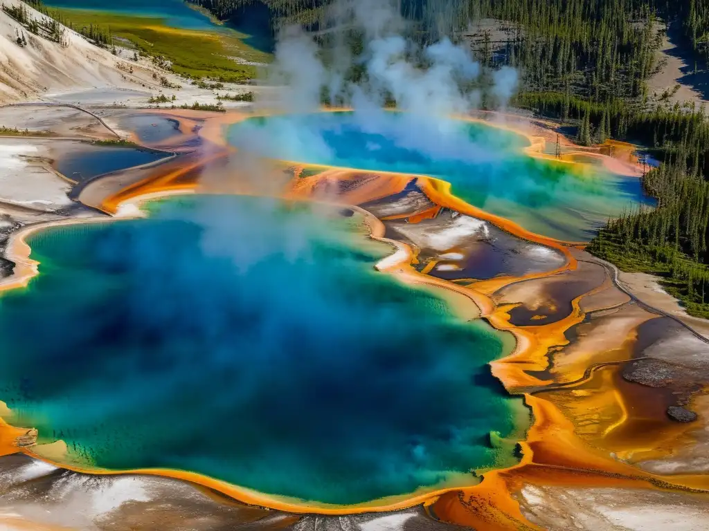 Esplendor Geotérmico: Gran Prismatic Spring en Yellowstone Imagen impactante del Maravilloso Gran Prismatic Spring en Yellowstone, reflejando la belleza y la actividad geotérmica del mundo