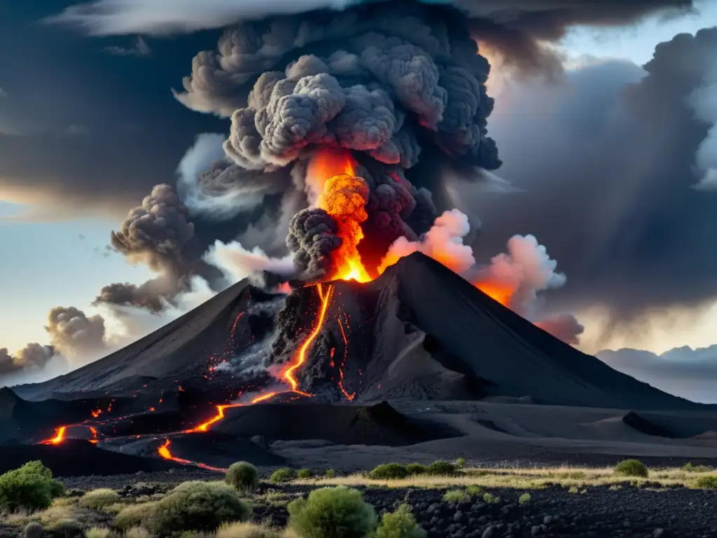Erupción volcánica: fuerza y belleza Imagen impactante de erupción volcánica con nubes de ceniza y lava incandescente, mostrando el impacto climático de la fuerza natural