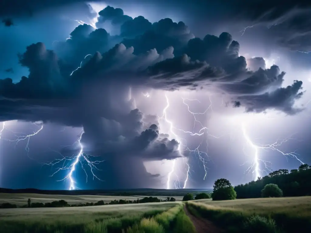Tormenta eléctrica sobre paisaje dramático: la fuerza de la naturaleza Imagen impactante de una tormenta poderosa sobre un paisaje dramático, mostrando la fuerza bruta de la naturaleza