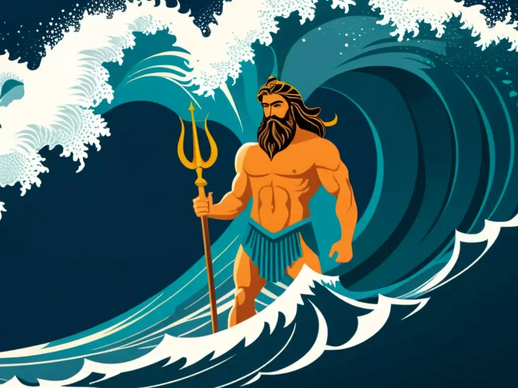 Poseidón y las placas tectónicas: mito y ciencia La imagen muestra a Poseidón, de la mitología griega, con un tridente, rodeado de olas turbulentas