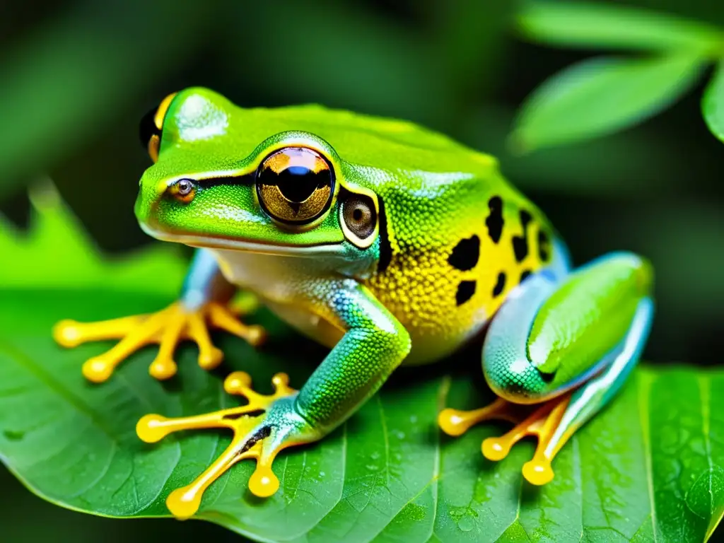 Rana arborícola verde en la selva tropical Imagen de una rana arbórea verde vibrante en un bosque tropical, mostrando la adaptación de anfibios a cambios en su entorno