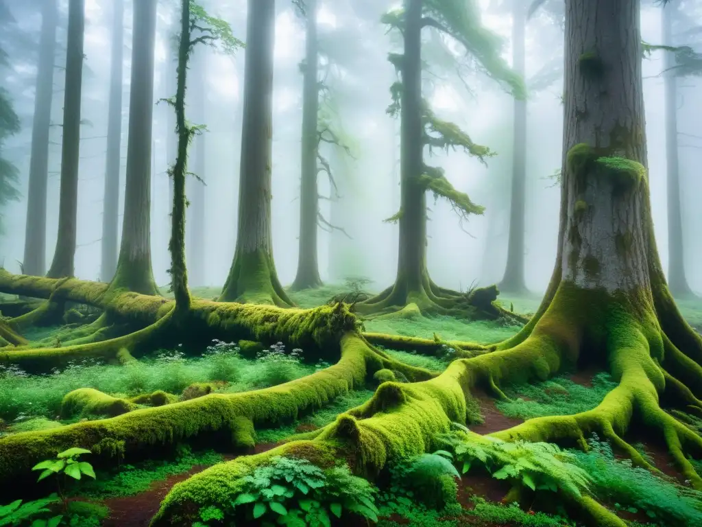 Bosque místico envuelto en niebla: naturaleza cautivadora Una imagen de alta resolución de un bosque denso y místico envuelto en niebla