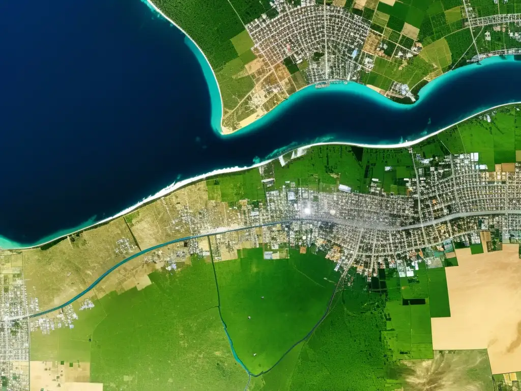 Imagen satelital de alta resolución que muestra la gestión de desastres naturales con impactantes detalles de áreas afectadas y esfuerzos de socorro