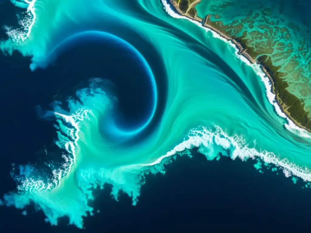 Patrones dinámicos de corrientes oceánicas: belleza en movimiento Imagen de satélite de corrientes marinas en el océano, con patrones dinámicos y vórtices de agua azul y turquesa