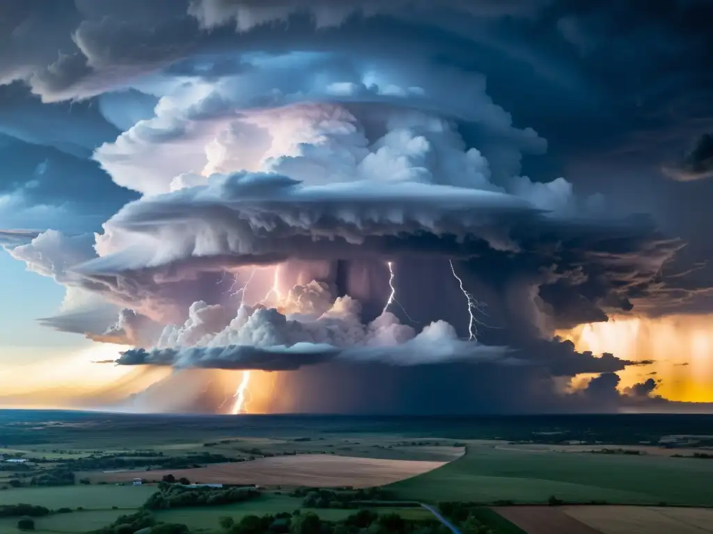 Supercélula tormentosa al atardecer: imagen satelital de alta resolución Imagen de un supercélula tormentosa con patrones meteorológicos extremos en el mundo, destacando su estructura y atmósfera impresionante al atardecer