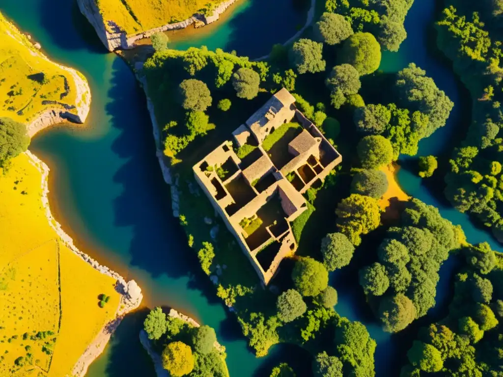 Ruinas antiguas bañadas por la luz dorada del amanecer Imágenes satelitales de alta resolución revelan ruinas antiguas y la historia oculta bajo el cálido cielo dorado del amanecer