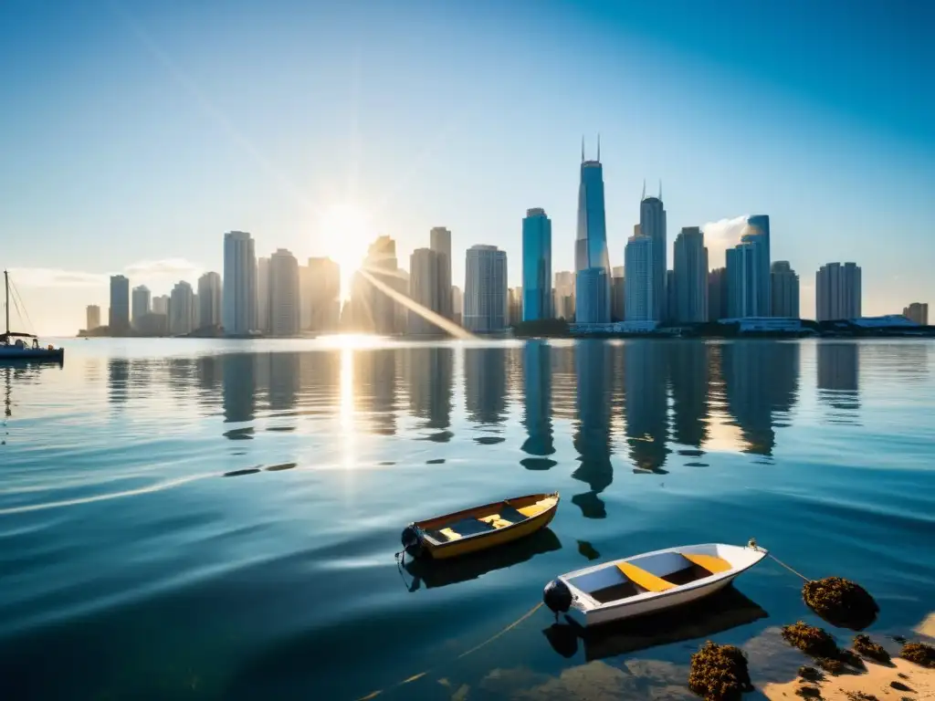Horizonte urbano costero sumergido en agua: impacto visual La impactante imagen de una ciudad costera parcialmente sumergida en agua, reflejando rascacielos y la urgencia del ascenso del nivel del mar global