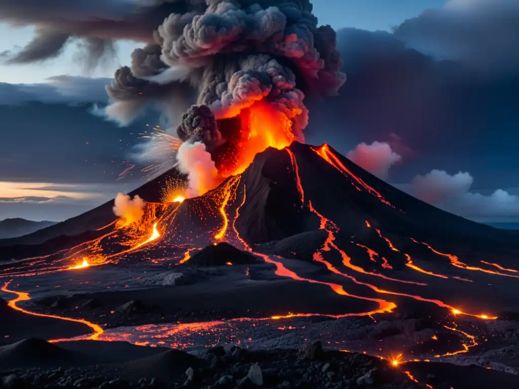Impactante erupción volcánica de noche, con lava incandescente iluminando el cielo oscuro