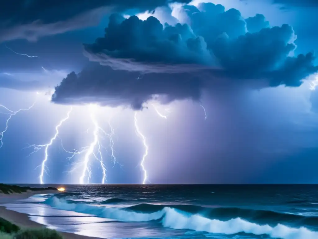 Impacto acústico de fenómenos naturales: relámpago azul sobre el océano en tormenta, con nubes turbulentas y olas agitadas