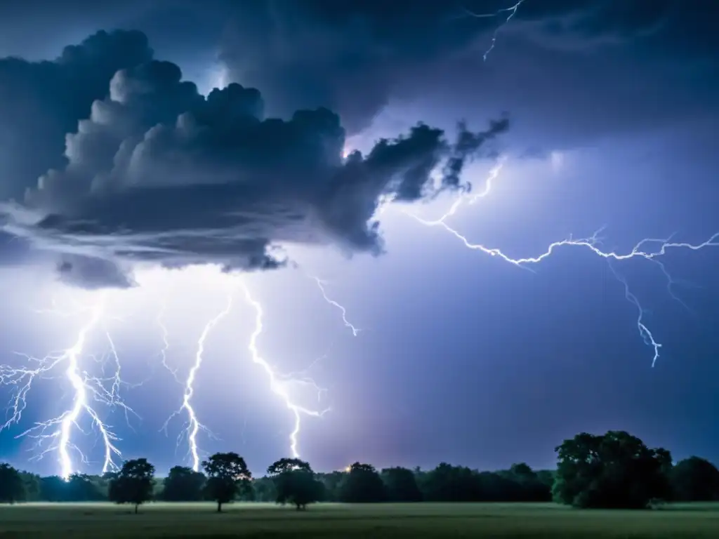 Impacto acústico de fenómenos naturales: Imagen de un rayo impactando la tierra durante una tormenta, con detalle y contraste dramático