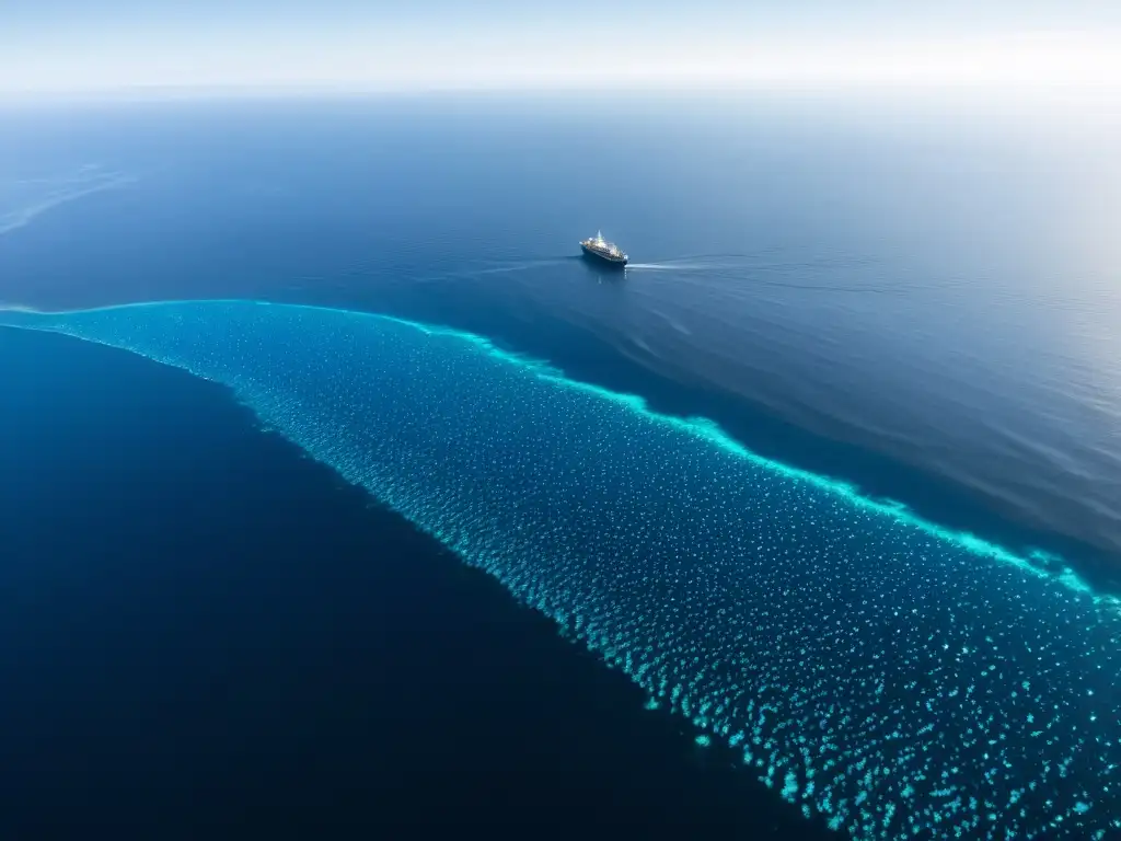 Devastador contraste: océano azul vs plástico flotante Imponente fotografía aérea del impacto ambiental en el Pacífico: isla de basura flotante frente a un océano azul profundo