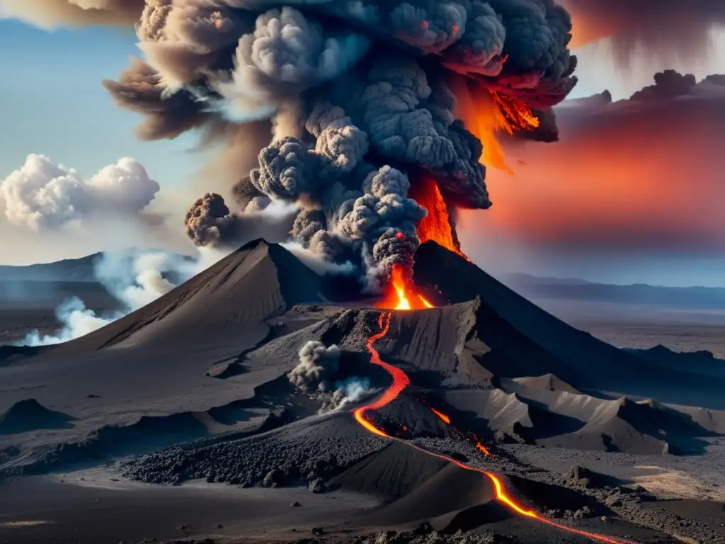 Imponente erupción volcánica, lava ardiente y columna de humo