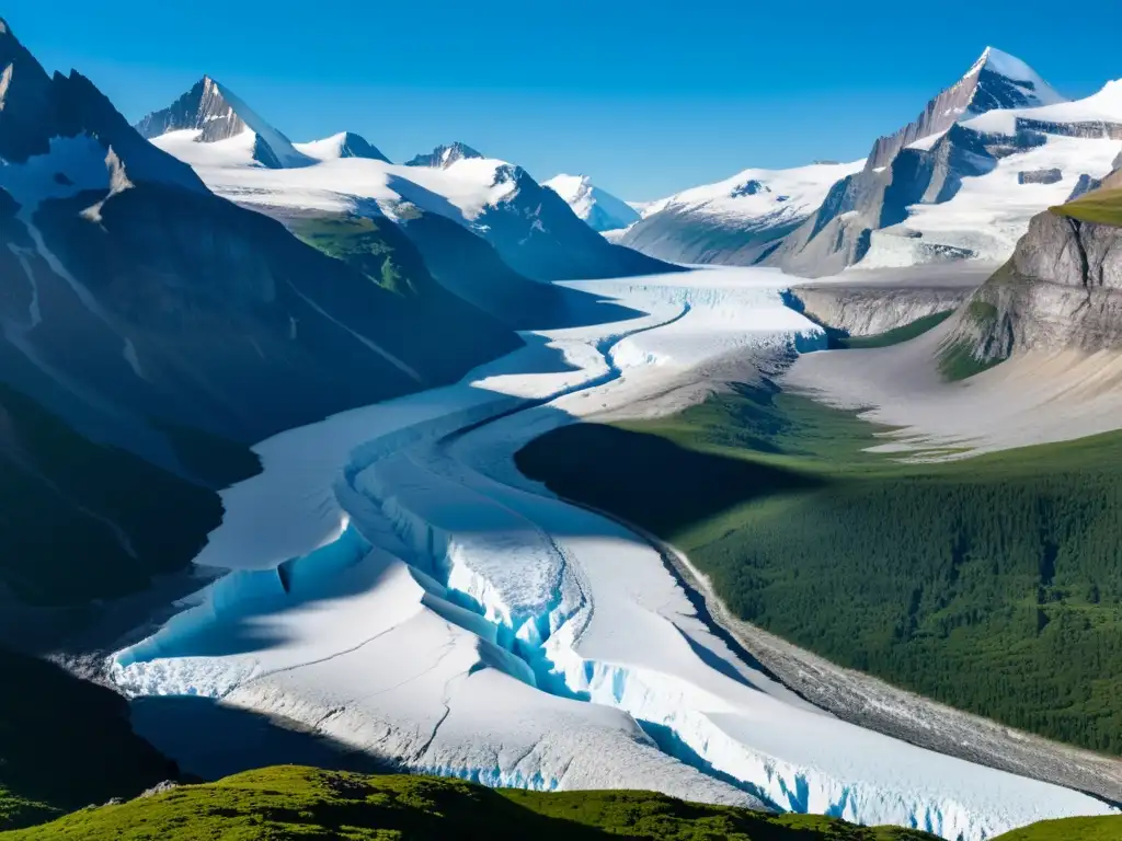 Glaciar imponente labrando montañas Imponente glaciar avanza lentamente, con impresionante impacto erosivo en la montaña