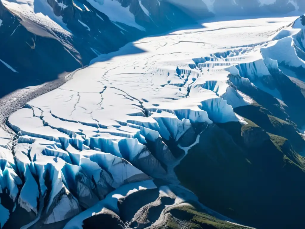 Imponente glaciar rodeado de montañas, con estructuras naturales creadas por glaciares, reflejando la luz del sol en tonos azules profundos