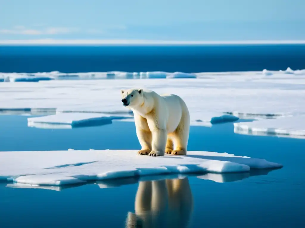 Majestuoso oso polar contempla la vasta belleza del Ártico Imponente oso polar ártico en un vasto paisaje helado, reflejando estrategias de supervivencia