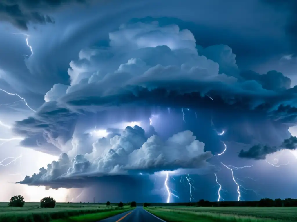 Supercélula: Tormenta de relámpagos y nubes ominosas Imponente supercélula con relámpagos iluminando el cielo tormentoso, destacando la estética fenómenos meteorológicos extremos