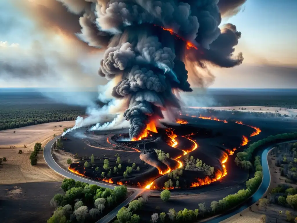 Devastador tornado de fuego: terror y poder natural Imponente tornado de fuego arrasa paisaje con llamas y humo, mostrando la devastadora fuerza de este fenómeno natural