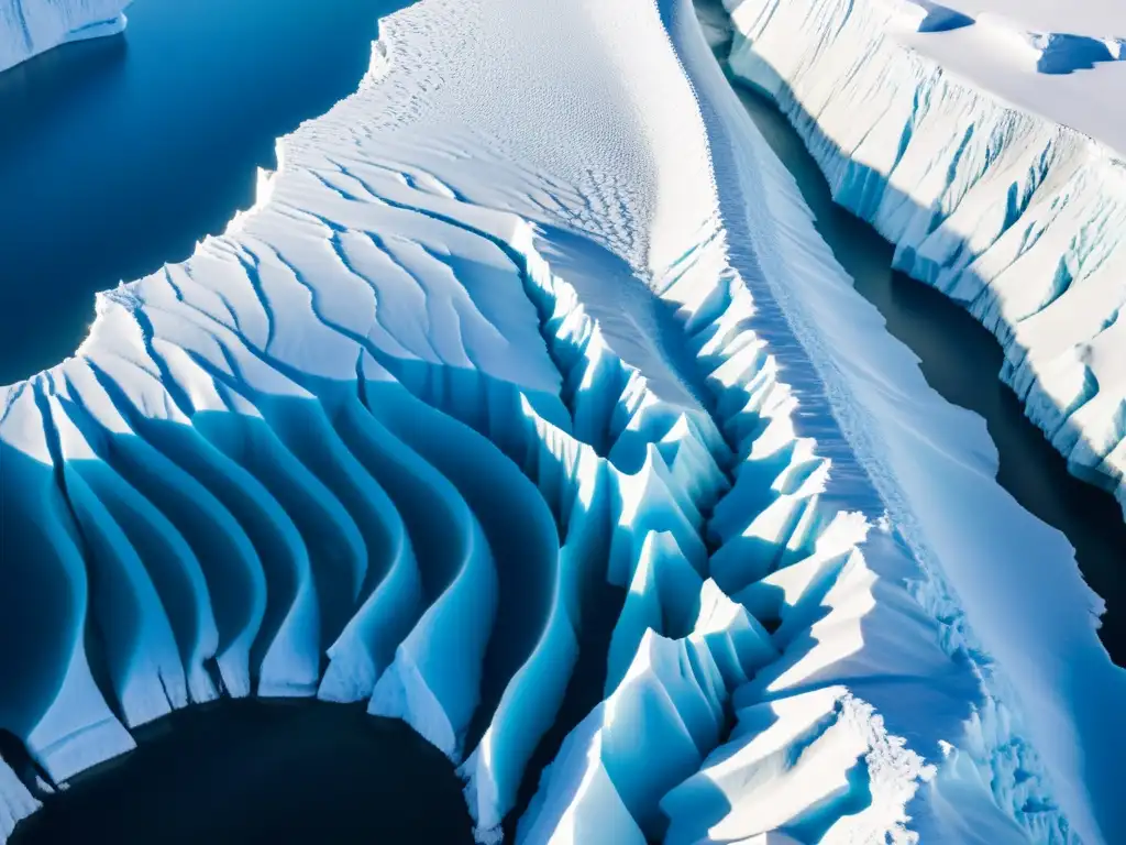 Imponentes estructuras naturales creadas por glaciares, con redes de grietas e impresionantes formaciones de hielo azulblanco