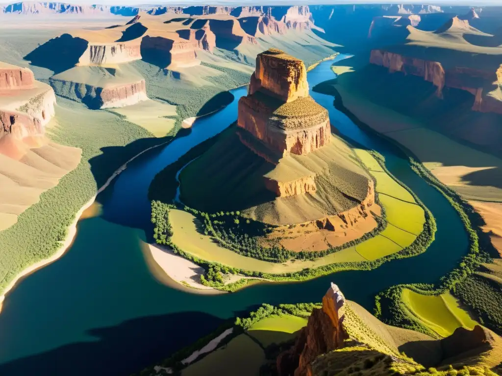 Redescubriendo la majestuosidad natural: Cañones y ríos enredados Una impresionante fotografía aérea muestra un paisaje remoto de formaciones rocosas y ríos serpenteantes