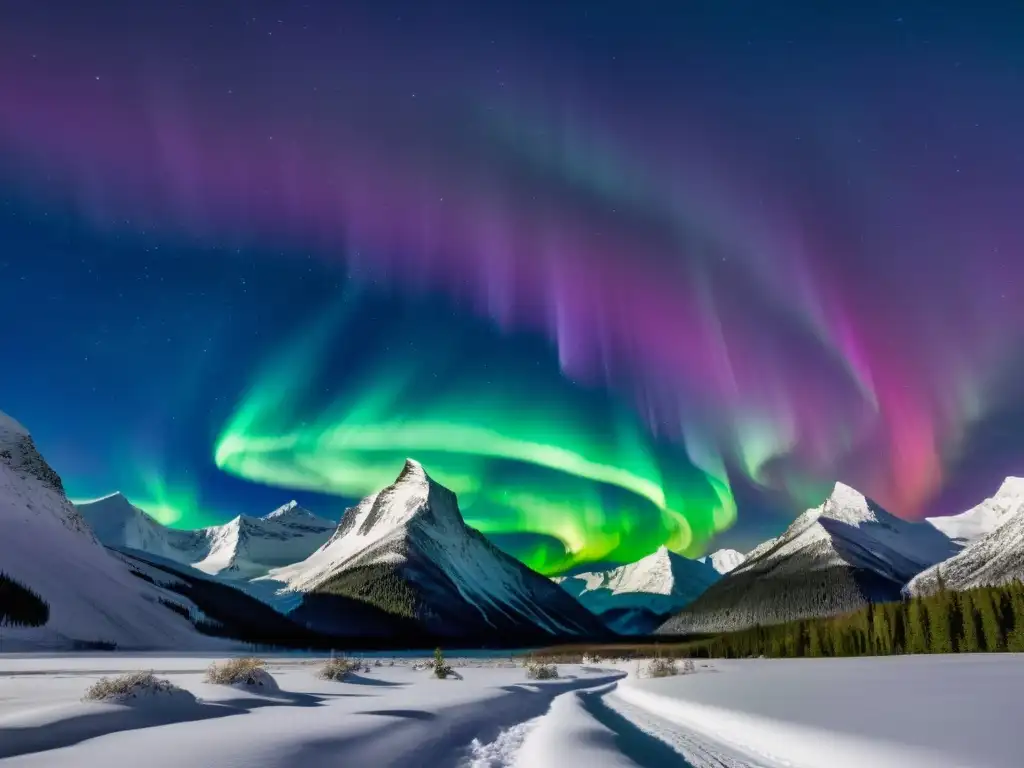 Espectacular aurora boreal sobre montañas nevadas Una impresionante aurora boreal llena el cielo nocturno sobre un paisaje nevado montañoso