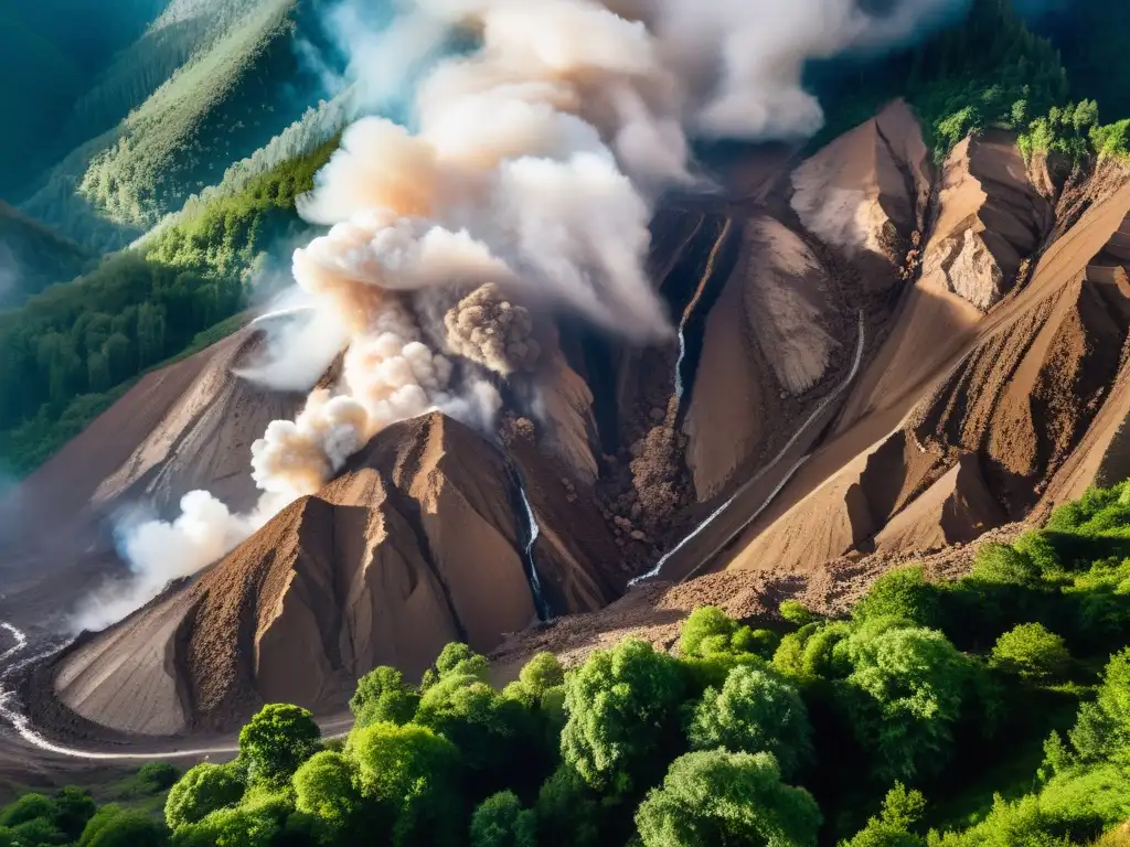 Descomunal deslizamiento de tierra: la fuerza de la naturaleza Un impresionante deslizamiento de tierra en pleno apogeo, capturando la fuerza destructiva de los fenómenos geológicos inusuales