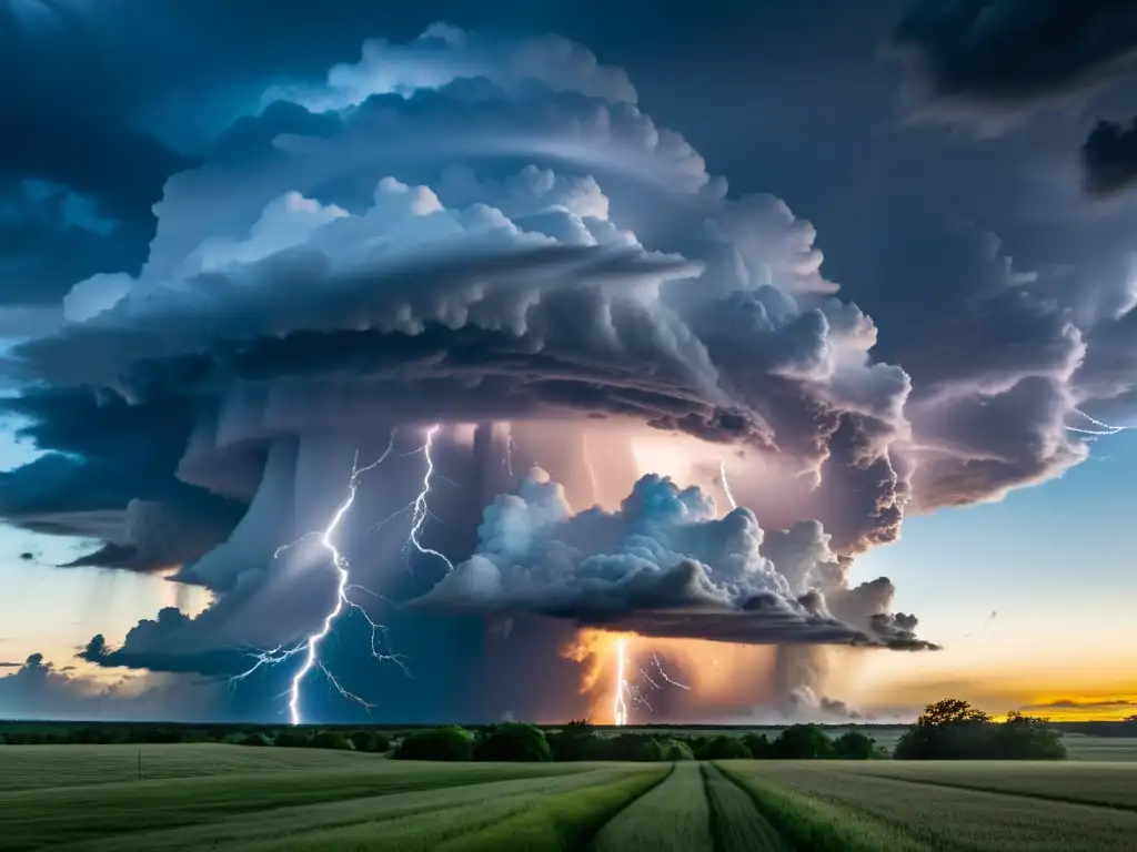 Un impresionante fenómeno meteorológico extremo cazadores: una tormenta supercélula con nubes oscuras y relámpagos iluminando el cielo al atardecer