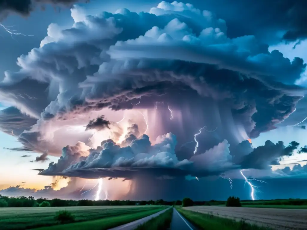 Un impresionante fenómeno meteorológico extremo cazadores: una supercélula con nubes ominosas y relámpagos, iluminada por el sol al atardecer