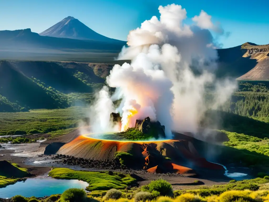 Erupción volcánica: fuerza y belleza en acción Un impresionante géiser en erupción, lanzando una columna de agua y vapor contra un telón de fondo volcánico, con un deslumbrante juego de luces y gotas