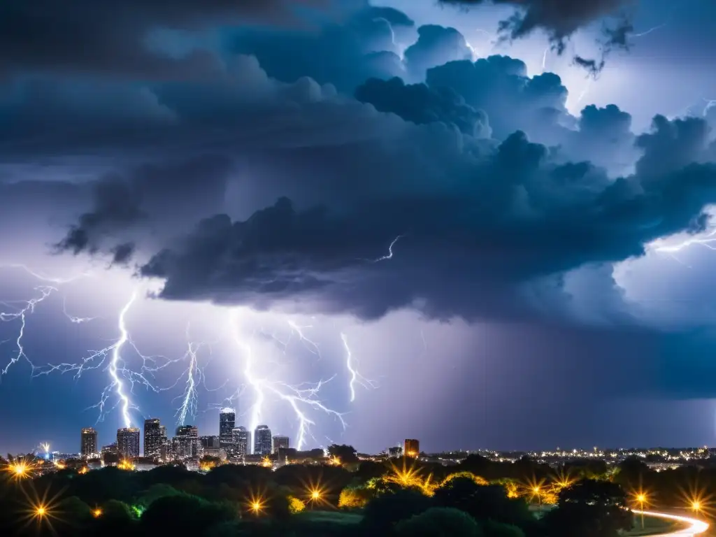 Relámpago sobrenatural sobre ciudad Una impresionante imagen de un relámpago poderoso en un cielo oscuro, con la silueta de una ciudad al fondo
