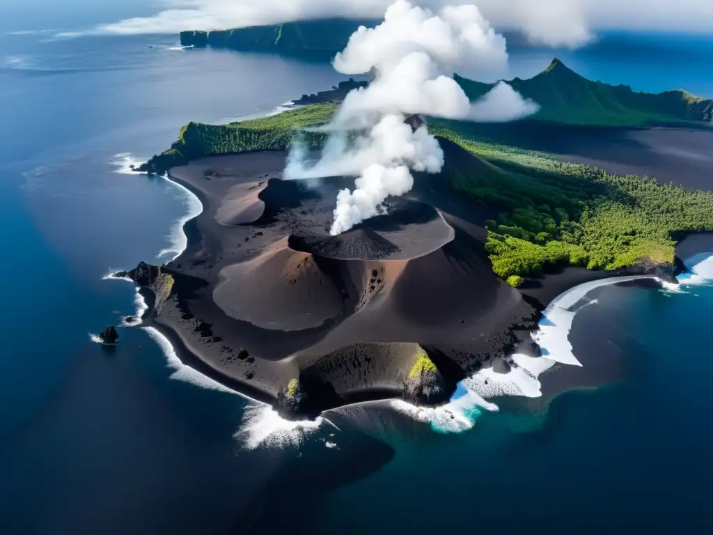Islanda volcánica: belleza y peligro en el océano Una impresionante isla volcánica rodeada por un vasto océano, mostrando la intrincada red de flujos de lava, cráteres y conos volcánicos