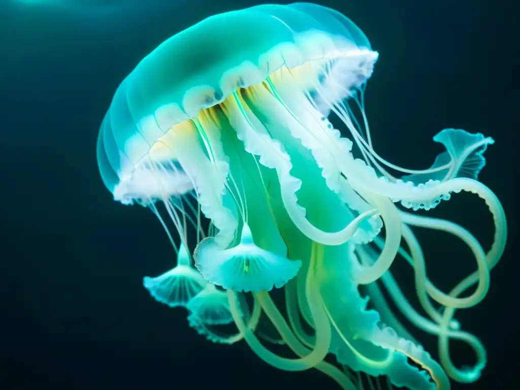 Jellyfish bioluminiscente en la oscuridad del océano Una impresionante medusa bioluminiscente en las profundidades del océano, con su campana translúcida brillando con una fascinante luz azulverdosa