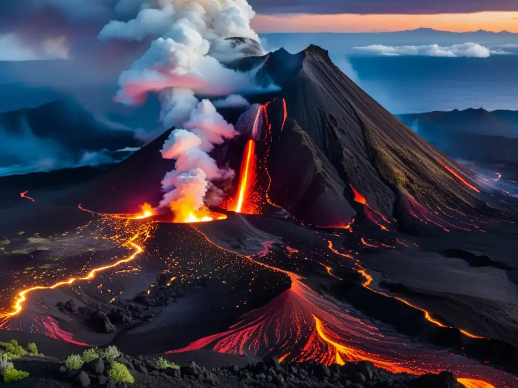 Erupción volcánica nocturna: espectáculo hipnótico de lava Una impresionante erupción volcánica de noche, con lava roja, naranja y amarilla fluyendo por la montaña