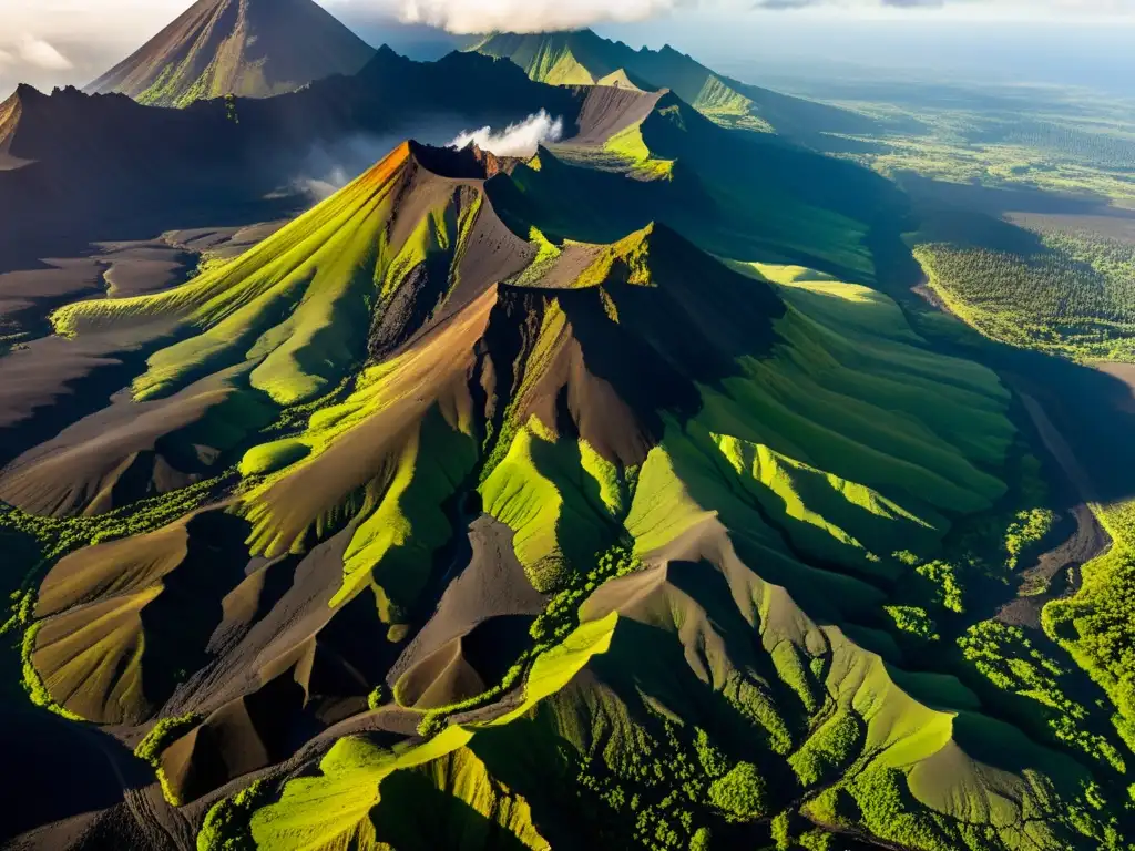 Tierra volcánica: picos majestuosos y valles profundos Impresionante paisaje volcánico con montañas escarpadas, valles profundos y vapor saliendo de los cráteres