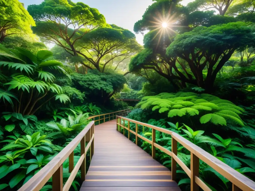 Parque urbano exuberante: oasis biodiverso en la ciudad Un impresionante parque nacional urbano, exuberante y biodiverso, con árboles altos y una pasarela de madera
