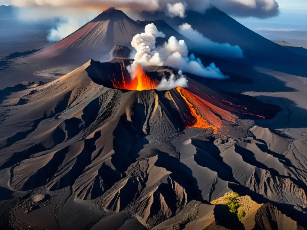 Una impresionante erupción volcánica con lava fluyendo por pendientes escarpadas, mostrando la majestuosidad y el poder de la naturaleza