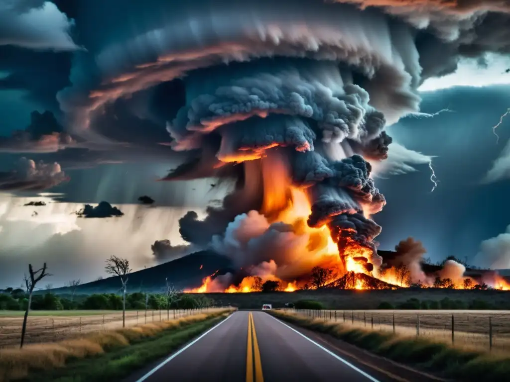 Increíble tornado de fuego arrasa el paisaje Un impresionante tornado de fuego arrasa un paisaje desolado, creando un espectáculo aterrador y cautivador a la vez