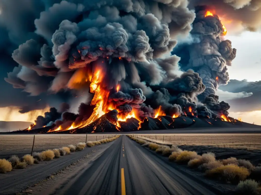 Tormenta de fuego arrasa paisaje desolado Un impresionante tornado de fuego arrasa un paisaje desolado, creando una escena apocalíptica que muestra la fuerza de la naturaleza