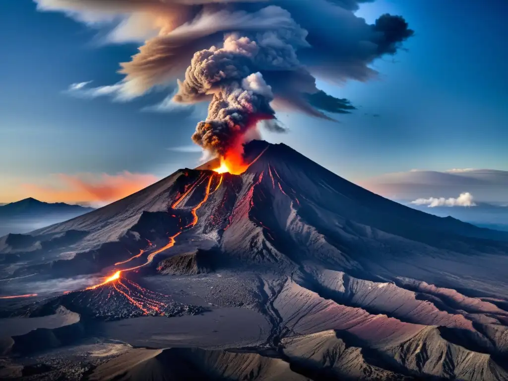 Una impresionante erupción volcánica captura el significado de la actividad volcánica con lava y cenizas en un paisaje montañoso y salvaje
